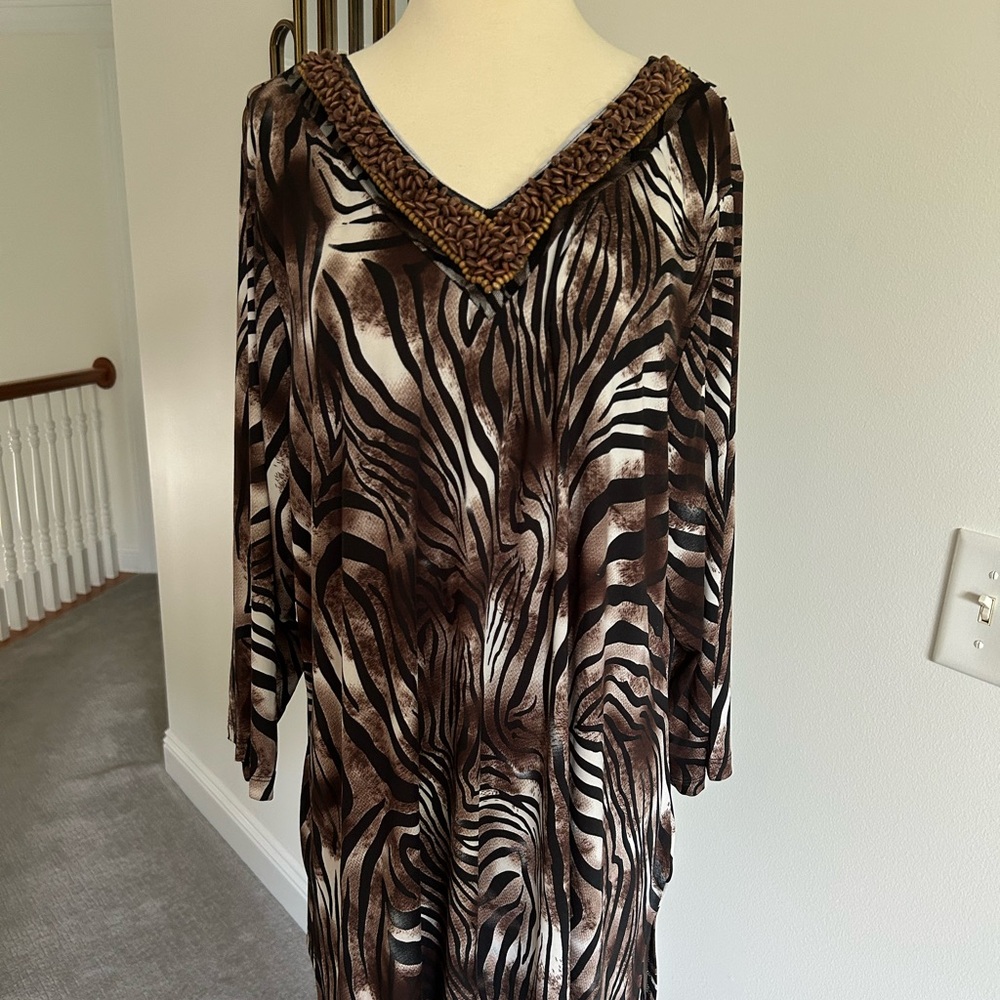 Beverly Drive Zebra Animal Print Shirt Tunic Brown Black Wood Beads SZ 3X